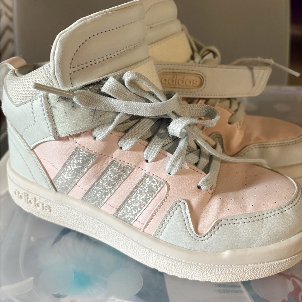 adidas Kids White Sneakers with Light Pink Accents